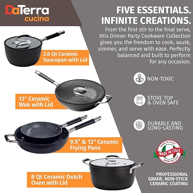 DaTerra Cucina Nonstick Dinner Party Bundle ??2.6 Qt Saucepan with Lid, 9.5" & 13" Frying Pans and 13" Wok and 8 Qt Dutch Oven with Lids, Durable Ceramic Coating, Made in Italy ??Volcanic Black