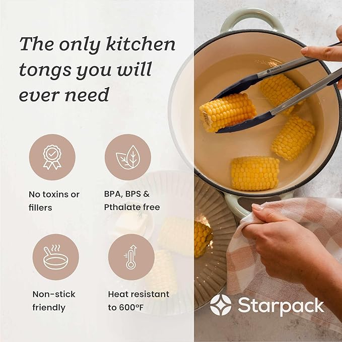 StarPack Premium Silicone Kitchen Tongs 12-Inch - Stainless Steel with Non-Stick Silicone Tips, High Heat Resistant to 600째F, For Cooking, Serving, Grill, BBQ & Salad (Stormy Grey)