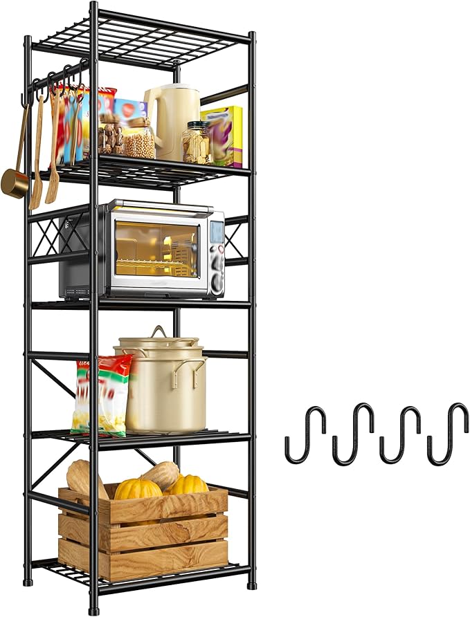 5-Tier Storage Shelves,Sturdy Metal Shelving Unit with Hooks,Wobble-Free Storage Rack with Leveling Feet,Slim Standing Shelf Organizer for Kitchen Pantry Laundry Bedroom,17.7?쓂횞11.8?쒭 횞58.3?쒱,Black