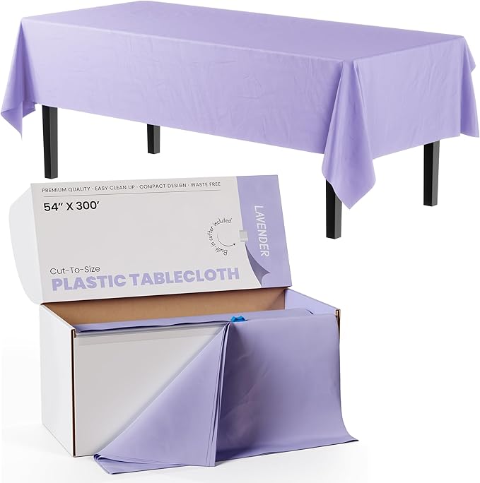 Party Solids 54 Inch X 300 Feet Lavender Plastic Table Cover Roll in A Cut - to - Size Box with Convenient Slide Cutter. Cuts Up to 36 Rectangle 8 Feet Plastic Disposable Tablecloths