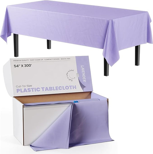 Party Solids 54 Inch X 300 Feet Lavender Plastic Table Cover Roll in A Cut - to - Size Box with Convenient Slide Cutter. Cuts Up to 36 Rectangle 8 Feet Plastic Disposable Tablecloths