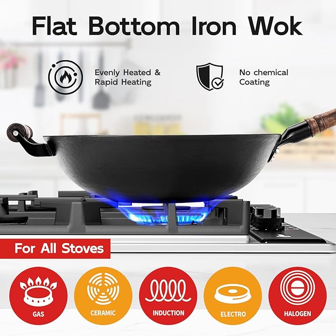 WANGYUANJI 13.4 Inch Cast Iron Wok with Lid and Iron Spatula, Flat Bottom Double-Handle Stir Fry Pan, Chemical-Free Uncoated Wok for Induction, Gas and Electric Stoves