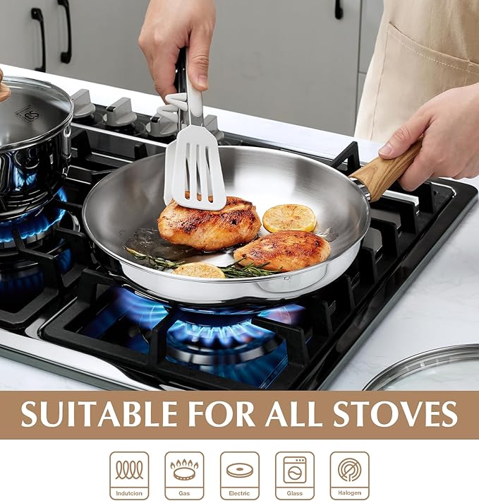 KOCH SYSTEME CS Stainless Steel Pan 12 Inch, Stainless Steel Frying Pan with Lid for Professional Cooking, PFAS-Free 12 Inch Skillet with Cool-Touch Bakelite Handle, Induction Compatible