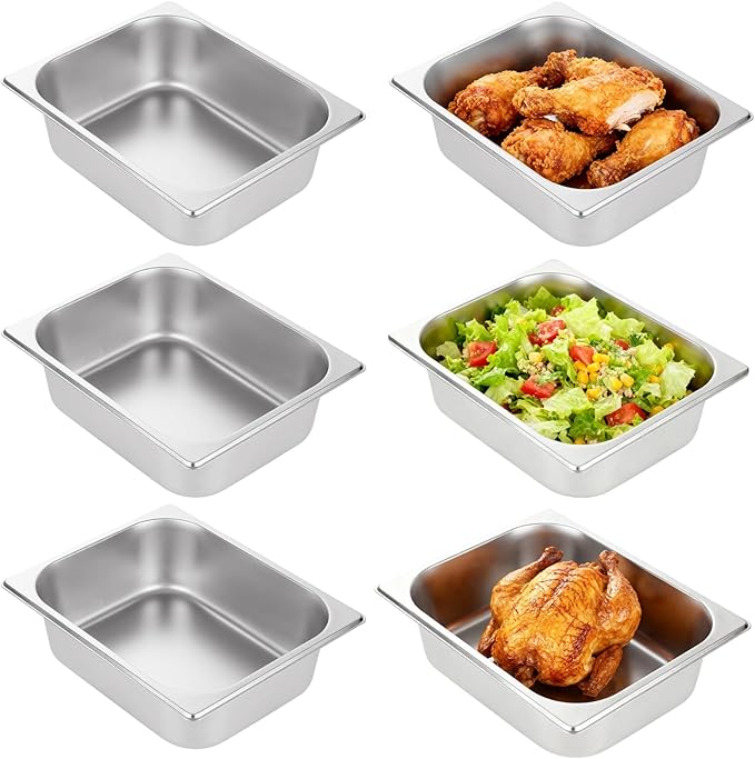 QTLCOHD 6 Pack Half Size Hotel Pans, 1/2 Inch 4 Inch Deep Stainless Steel Steam Table Pan, Commercial Food Pan for Chafing Dishes, Breading Trays for Hotel, Party, Buffet, Catering Supplies