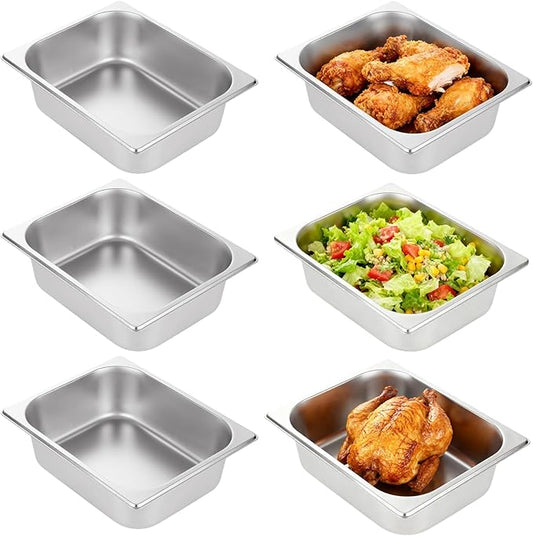 QTLCOHD 6 Pack Half Size Hotel Pans, 1/2 Inch 4 Inch Deep Stainless Steel Steam Table Pan, Commercial Food Pan for Chafing Dishes, Breading Trays for Hotel, Party, Buffet, Catering Supplies