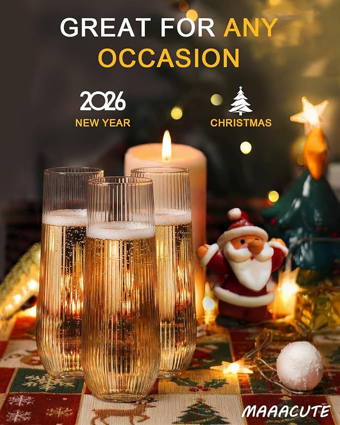 24 Pcak Ribbed Champagne Flutes Plastic, 9 Oz Disposable Stemless Mimosa Toasting Glasses, Clear Crystal Plastic Cocktail Cups for Party Wedding Birthday (Origami Ripple)