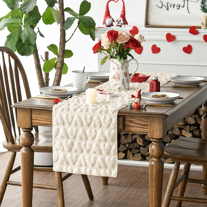 Artoid Mode Beige Soft Plush Faux Fur Jacquard Heart Valentine's Day Table Runner, Seasonal Kitchen Dining Table Decoration for Home Party Decor 13x120 Inch