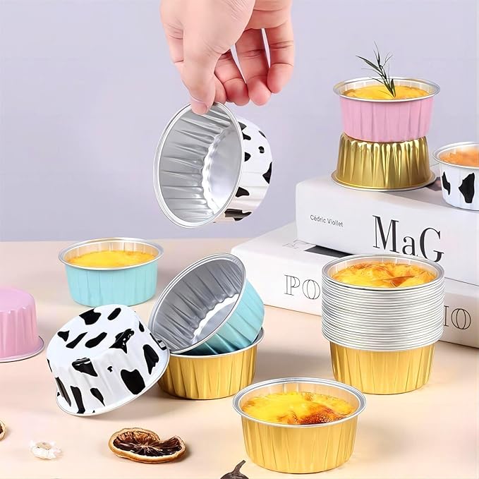 25PCS Round Mini Loaf Pans with Lids,Mini Cake Pans with Lids,Disposable Ramekins Baking Cups Muffin Tins Cupcake Cups for Wedding Birthday Party,5oz (Gold)