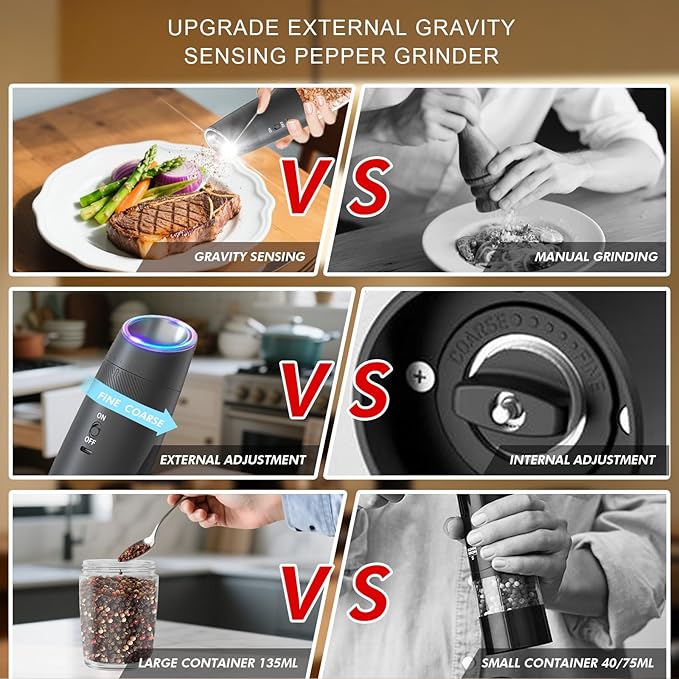Electric Salt and Pepper Grinder Set ??Rechargeable Gravity Automatic Pepper Mill Gift Set with LED Light & 6 Adjustable Coarseness