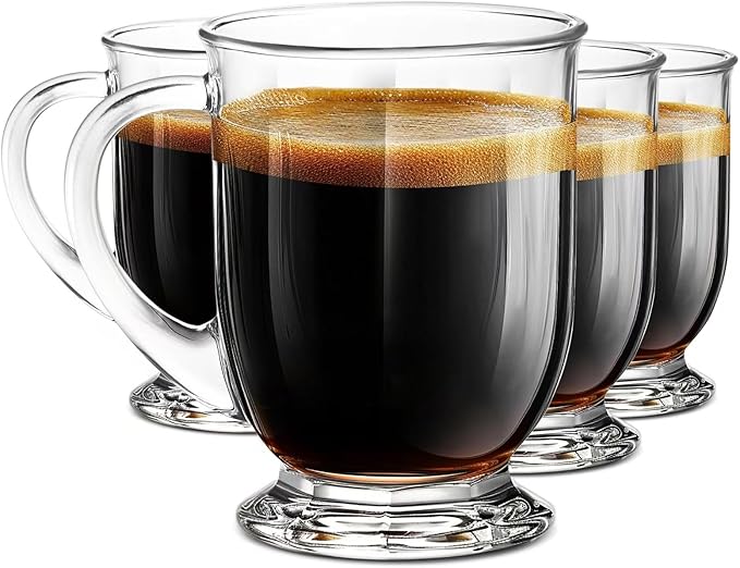 Clear Glass Coffee Mugs Set of 4, 16 OZ Large Glass Beer Cups with Handle,Bottom Nine-Sided Mug for Men and Women Hot Beverages,Tea, Cappuccino, Latte, Espresso, Juice Mothers