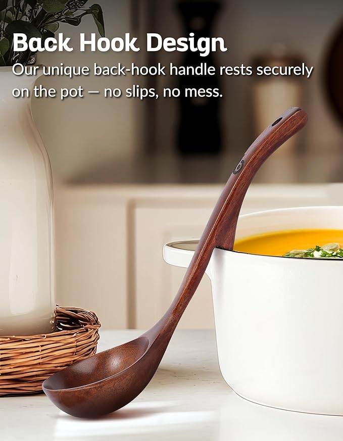 Soup Spoons - Luxury Teak Wood Ladle Set of 3 ??Chef-Grade, Eco-Friendly Wooden Cooking Utensils with Reinforced Neck Joint & Anti-Slip Notch Handle ??Multi-Size, Gift-Ready Ladle Spoons Set