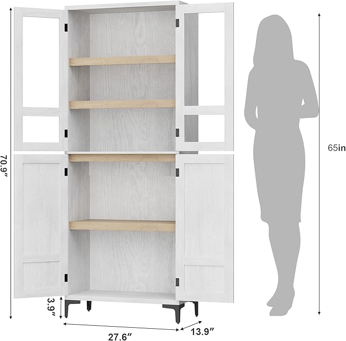 IDEALHOUSE Tall Storage Cabinet with Glass Doors, 71" Height, Adjustable Shelf, Light Oak Wood, Multi-Purpose Organizer for Kitchen Pantry and Bathroom (Oak White, 4 Doors with Glass)