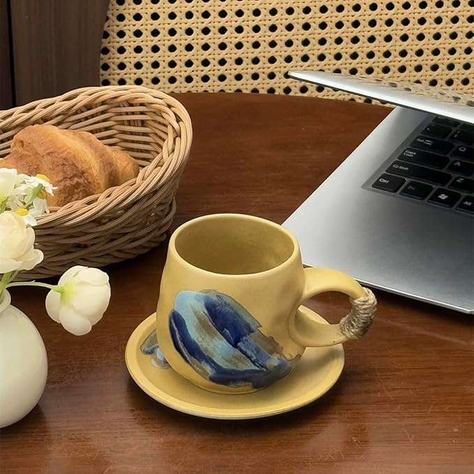 Small 8oz Unique Vintage Retro Japanese Handmade Ceramic Cappuccino Barista Cup with Saucer, Coffee Cup and Saucer, Artisanal Stoneware Coffee Mug, Lead-Free Latte Art Mug (1, Light brown)