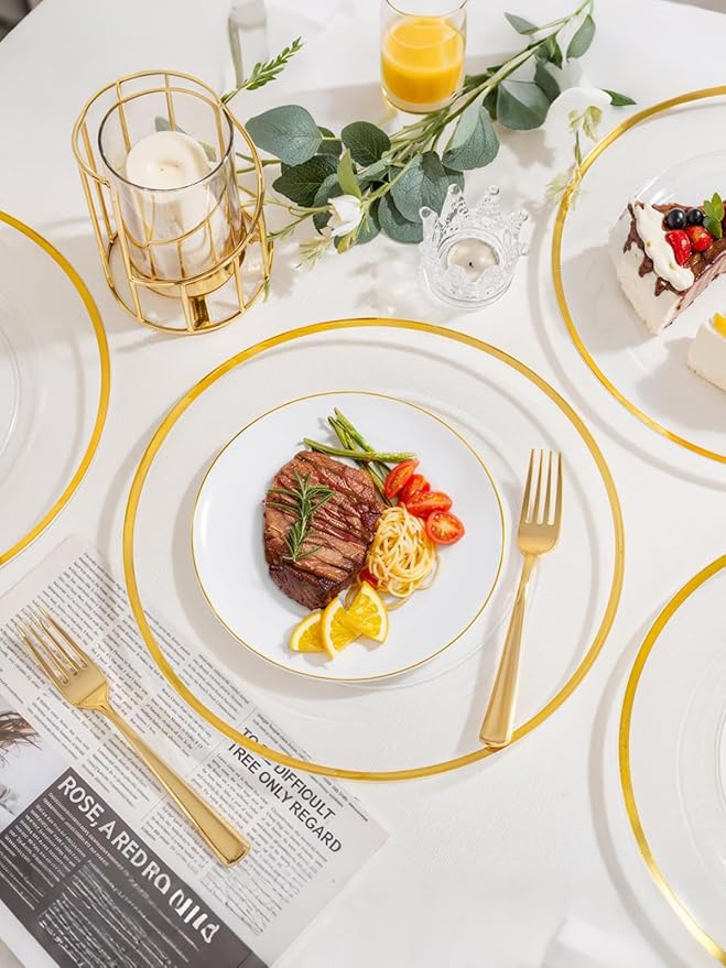 WDF 25Pack Gold Charger Plates - 12inch Clear Chargers with Gold Trim - Clear Plates Disposable for Dinner Wedding Birthday Valentine's Day
