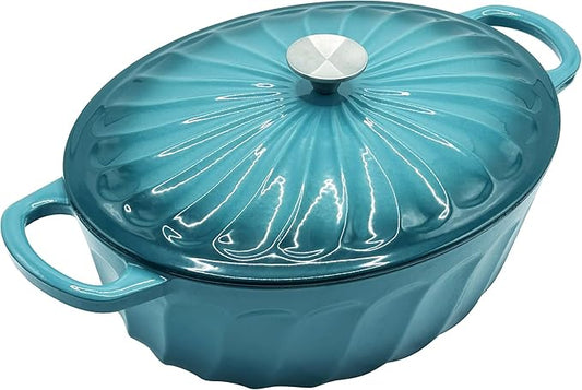 Enameled Oval Dutch Oven Pot with Lid, 7 QT Cast Iron Dutch Oven with Dual Handles for Cooking, Bread Baking, Frying, Non-stick Enamel Coated Oven (Blue-Green)