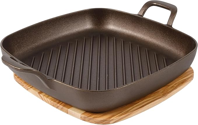 Bloomhouse - Two Time Oprah's Favorite Things Winner - Natural Bronze Finish 12" Square Cast Iron Grill Pan ??Olive Oil Treated Surface w/Dual Handles & Olive Wood Trivet, Oven Grill Campfire Safe