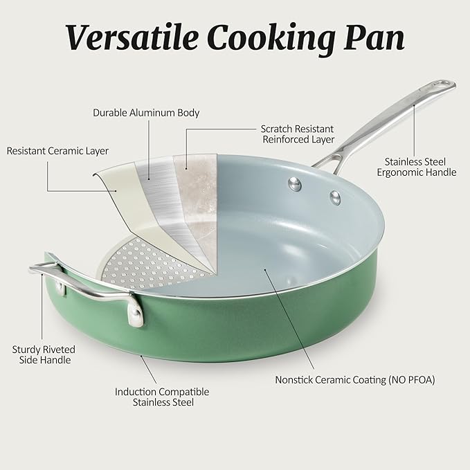 Nonstick Saut챕 Pan with Lid 5 QT Deep Frying Pan with Stainless Steel Helper Handle 12 inch Large Skillet Ceramic Jumbo Cooker for Healthy Cooking, Induction Compatible Cookware, PFOA Free