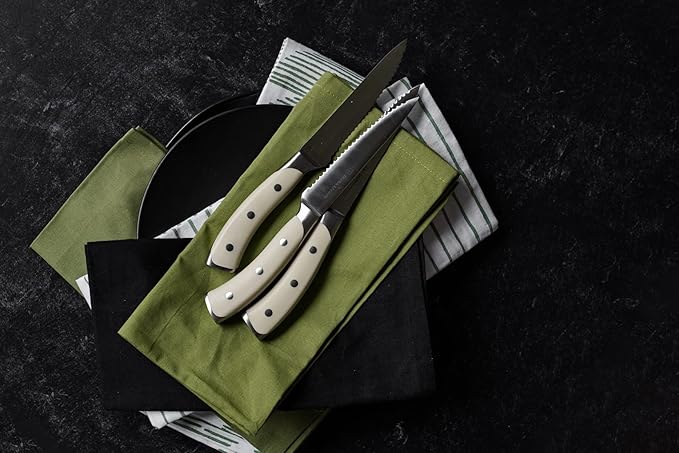 DURA LIVING 4-Piece Serrated Kitchen Steak Knife Set ??Forged High Carbon Stainless Steel, Ultra Sharp, Ergonomic Black Handles, Durable Dinner Knives, Cream Handle