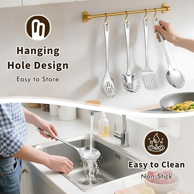 3 Pcs Stainless Steel Cooking Utensils Set, Heat Resistant Kitchen Utensils, Metal Kitchen Tools Include Solid & Slotted Spoon, Pasta Server, Ergonomic Handle, Dishwasher Safe, Easy to Clean, Silver