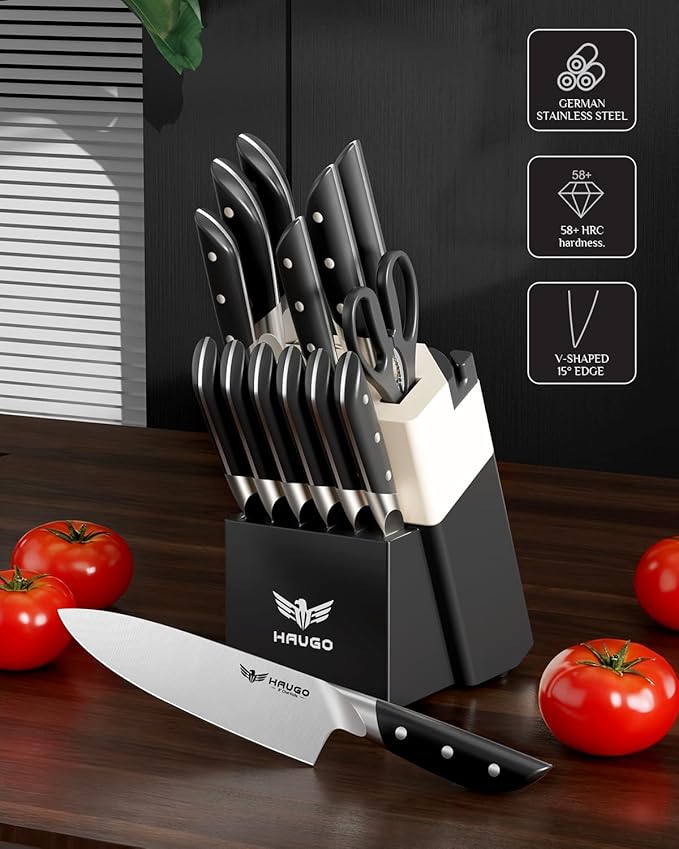 Knife Set - Haugo 14 PCS German Stainless Steel Kitchen Knife Sets with Block and Sharpener - Full Tang Knife Block Set and Ergonomic Handle - Elegant Black- Obsidian Series