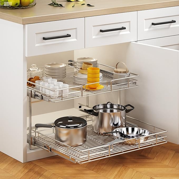 2 Tier Individual Pull Out Cabinet Organizer 28쩍" W x 21쩍" D, Heavy Duty Cabinet Pull Out Shelves, Slide Out Drawers Organization for Kitchen Cabinets Bathroom