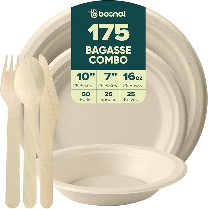 BOSNAL 10 inch & 7 inch Round Plates with 16 oz Bowls & Cutlery ??100% Plant-Based Sugarcane Bagasse, Eco-Friendly Disposable Dinnerware for Hot & Cold Meals, Microwave Safe, Durable & Compostable