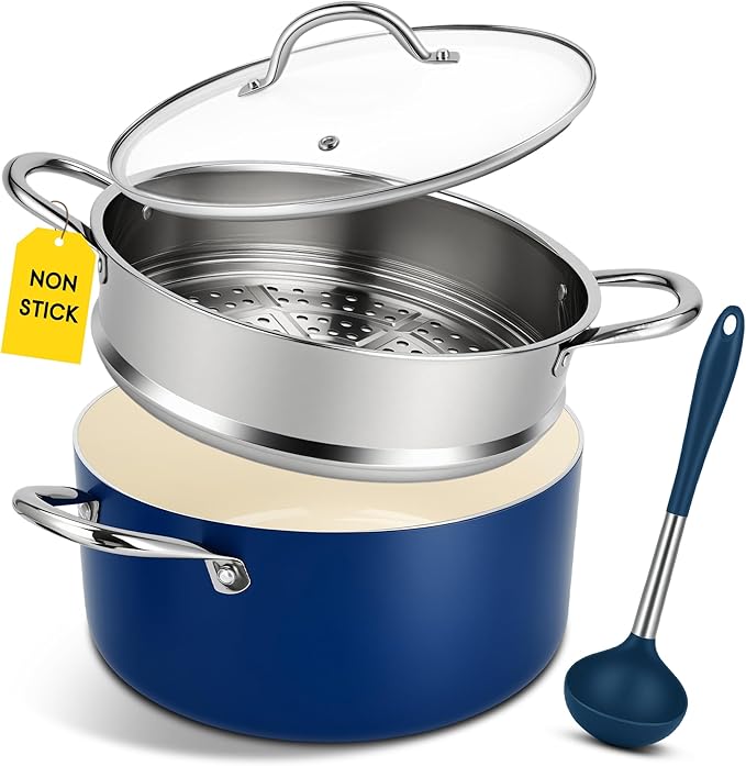 AOSION 6 Quart Steamer Pot With Lid, Nonstick Ceramic Steam Pot with Ladle, 2-Tier Multipurpose Steamer for Cooking with Vegetable,Soup, Stews,Dumplings,Oven & Dishwasher Safe