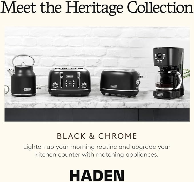 Haden Heritage 2 Slice Wide Slot Stainless Steel Toaster with Adjustable Browning Control & Non-Slip Feet, Black & Chrome