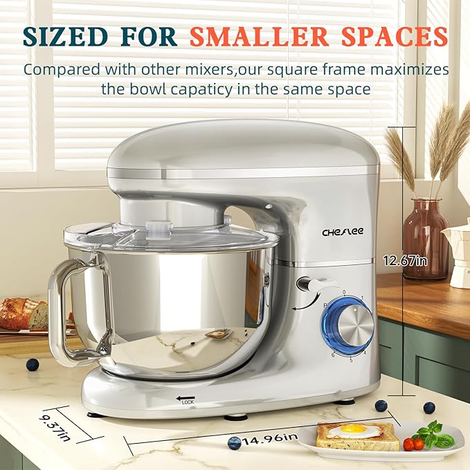 CHeflee Stand Mixer,660W 6+P With 6.5QT Stainless Steel Bowl,Dough Hook, Wire Whip & Beater,for Most Home Cooks (Silver)