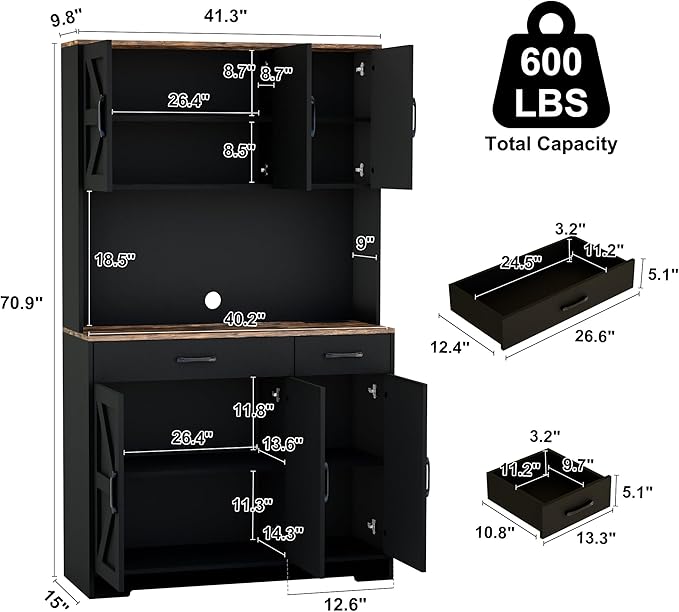 71" Pantry Cabinet with Charging Station, Kitchen Storage Cabinet with Microwave Stand, 8-Zone Organization, 2 Smooth-Glide Drawers, Open Countertop for Dining, Kitchen, Living Room (Black)