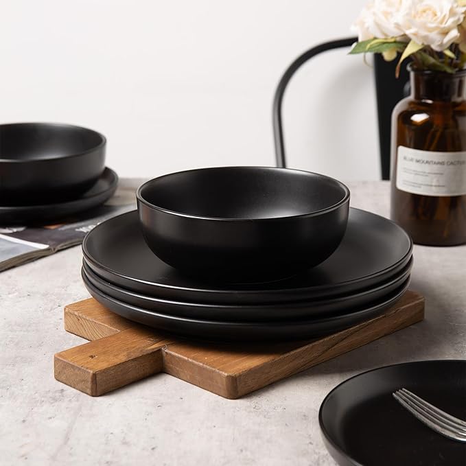 Furrnook 12-Piece Stoneware Dinnerware Set with Mugs | Microwave and Dishwasher Friendly | Stackable Matte Glaze Plates & Bowls | Service for 3 (Black for 3)
