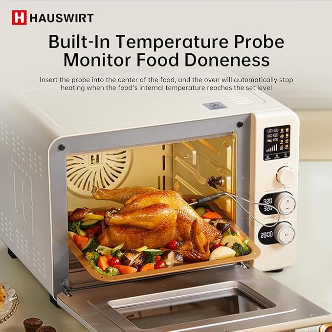 Hauswirt Toaster Oven Air Fryer, XL Large Convection Oven Countertop Rotisserie Chicken 42Qt 3-Tier for 5-8 People, 8 Mode Smart Toaster Stainless Steel 80째F - 500째F Quick & Even Crisp - Ivory