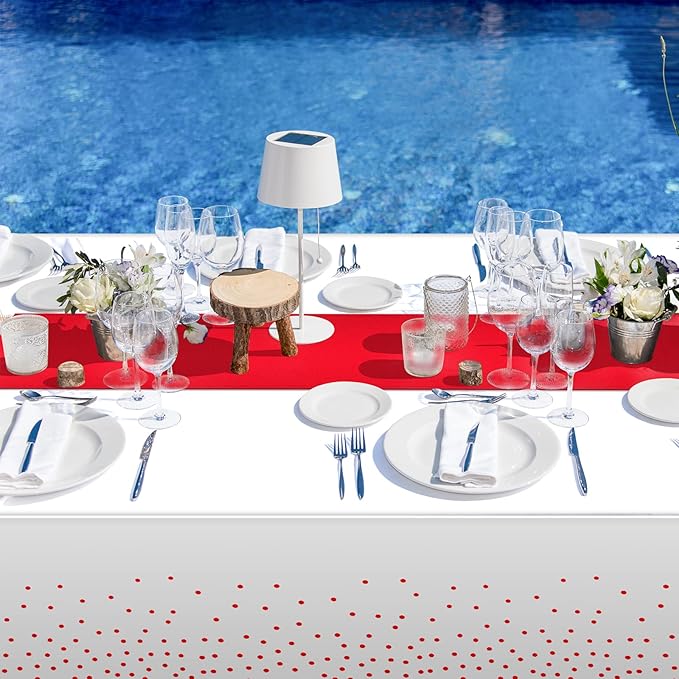 16Pack Disposable Plastic Tablecloths and Satin Table Runner Set White and Red Dot Tablecloth Red Satin Table Runner for Wedding Birthday Baby Shower Anniversary Christmas New Year Party Supplies