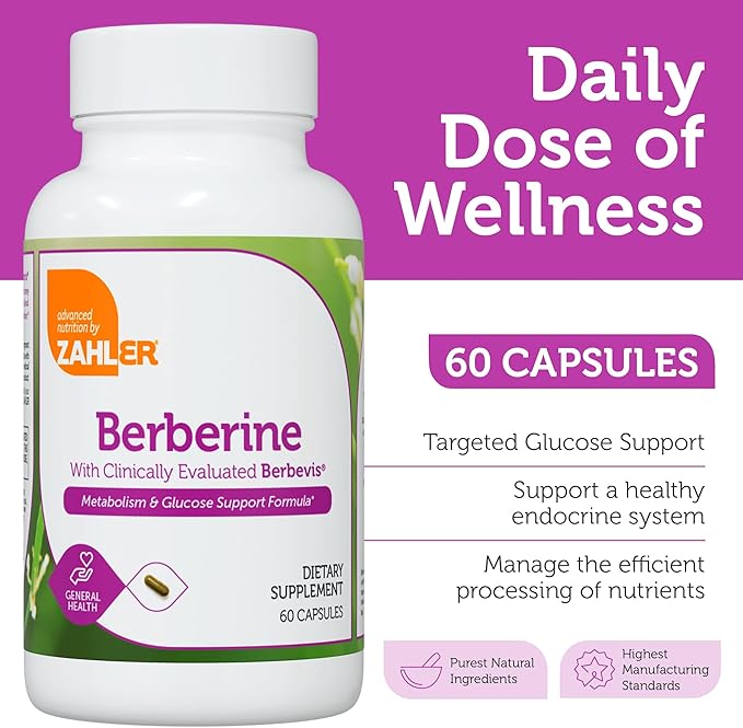 Zahler Berberine with Clinically Evaluated Berbevis, Metabolism and Glucos Support Formula, 60 Capsules.