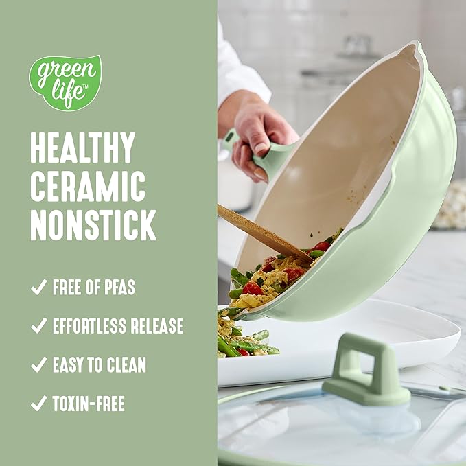 GreenLife Nonstick 12??(5QT) All in One Deep Skillet Wok with Lid, PFAS-Free Non-Toxic Ceramic Multi-Purpose Pan, Induction, All Stovetop, Egg, Stir Fry, Saute, Stay Cool Handle, Sage Green