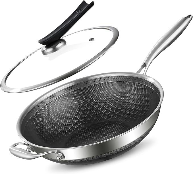 DELARLO Tri-Ply Stainless Steel 12 inch Nonstick wok Pan With Lid,induction Cookware Woks & Stir-Fry Pans,Dishwasher and Oven Safe Up To 650째F