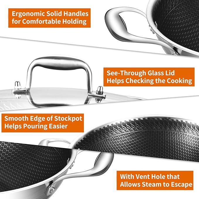 DELARLO Tri-Ply Stainless Steel Wok 13in Nonstick Deep Wok Pan with Lid,Stir-Fry Pans,5.5QT Cooking Pot induction Large woks,Compatible with All Cooktops Up to 550째F(Double Handle)