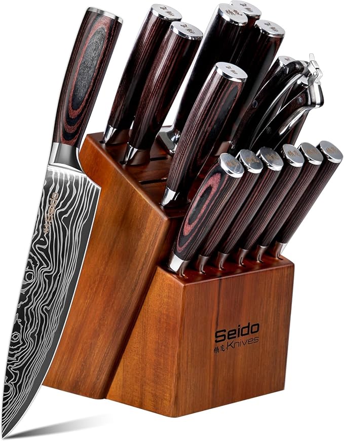17-Piece Master Chef Knife Block Set ??Damascus Steel & Acacia Wood Block