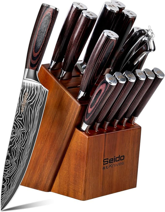 17-Piece Master Chef Knife Block Set ??Damascus Steel & Acacia Wood Block
