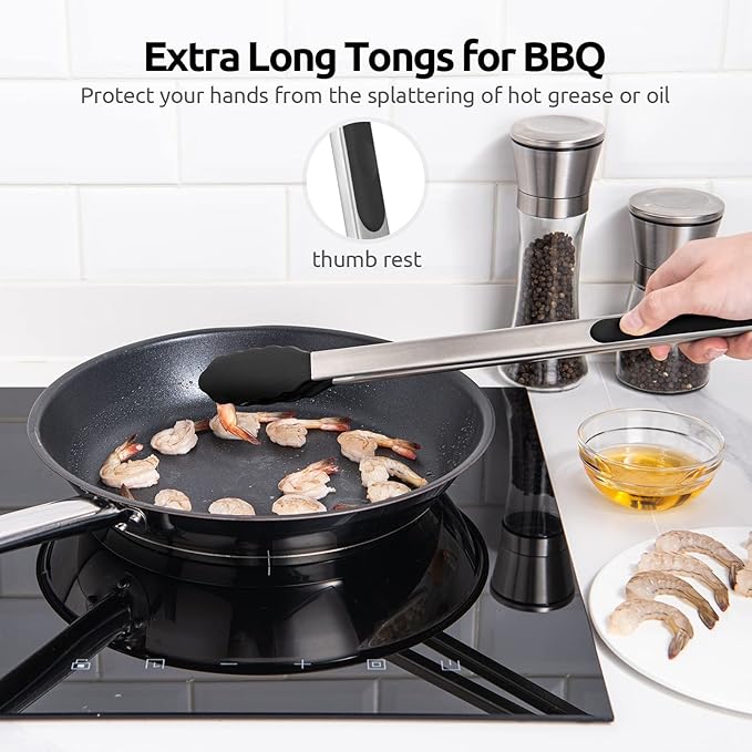 600쨘F Heat Resistant Kitchen Tongs: U-Taste 16 inch Extra Long Large Silicone Cooking Tong with Sturdy Non Stick Rubber Tips & Non Slip Silicon Coated 18/8 Stainless Steel Handle for Grill BBQ (Black)
