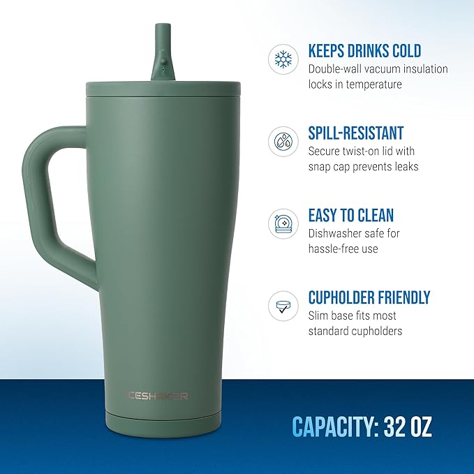 Ice Shaker 32 oz Tumbler with Handle and Straw | 32oz Aura | Cold for 30+ Hours | 2-in-1 Tumbler Shaker Bottle | Odor-Free 32 ounce Bottle for Water, Protein Shakes, Smoothies, Cocktails