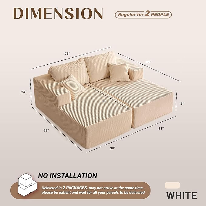 Chaise Lounge Chair, Boneless Couch for Living Room and Bedroom, Sleeper Couches Reading Chairs, Corduroy, White