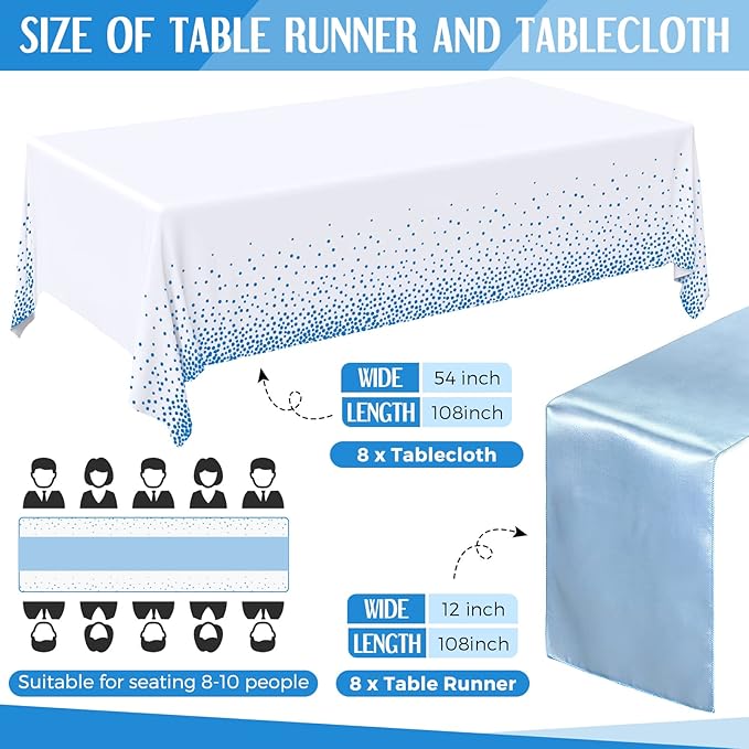 Tudomro 16 Pcs White and Light Blue Disposable Plastic Tablecloths and Satin Table Runner Set 54x108 Inch Tablecloth 12x108 Inch Table Runners for New Year Wedding Birthday Baby Shower Graduation