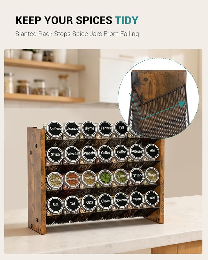 NESAPTO Spice Rack Organizer for Cabinet, Wooden 4 Tier Vertical Seasoning Organizers for Kitchen Pantry, Countertop/Wall Mount, Holds 28 Spice Jars (No Jars Included), 14" W 횞 9.4" H