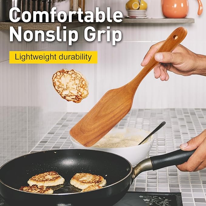 Best Non Toxic Wooden Spatula for Cooking Utensils Teak Wood Wok Spatulas for Kitchen Spoon Pancake Turner Scraper Spurtle Bamboo Kitchen Utensil Flat Egg Flipper Spatula Long Fish Cooking Spatulas