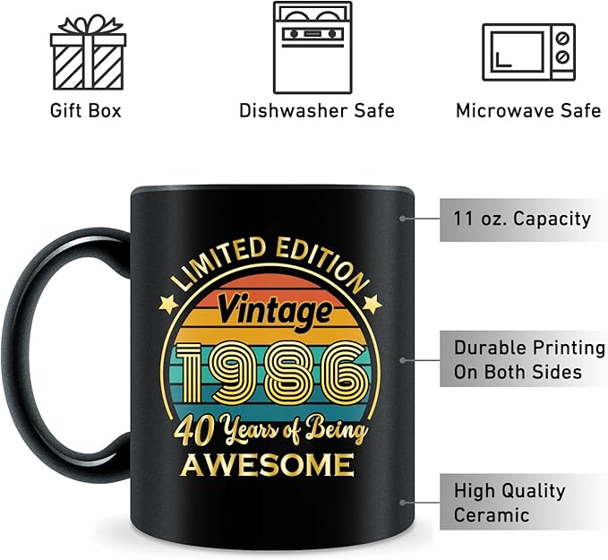 QUPT 40th Birthday Gifts for Women Men, 40th Birthday Gifts for Him, 1986 Birthday Gifts for Women Men, 40 Years Old Gifts, 1986 Birthday Gifts for Her Him, 40th Birthday Presents Coffee Mug