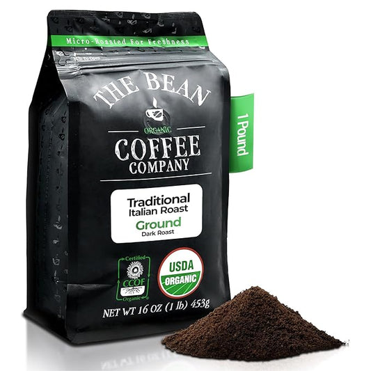 The Bean Organic Coffee Company Il Chicco (Traditional Italian Roast), Dark Roast, Ground Coffee, 16-Ounce Bag,Caf챕 molido tostado organico