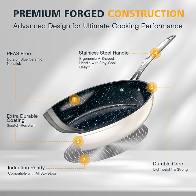 Nuwave 3-Piece 8?? 10?? 12??Forged Lightweight Frying Pan Set, G10 Healthy Duralon Blue Ceramic Ultra Non-Stick, Ergonomic Stay-Cool Handles, Induction-Ready & Works on All Cooktops