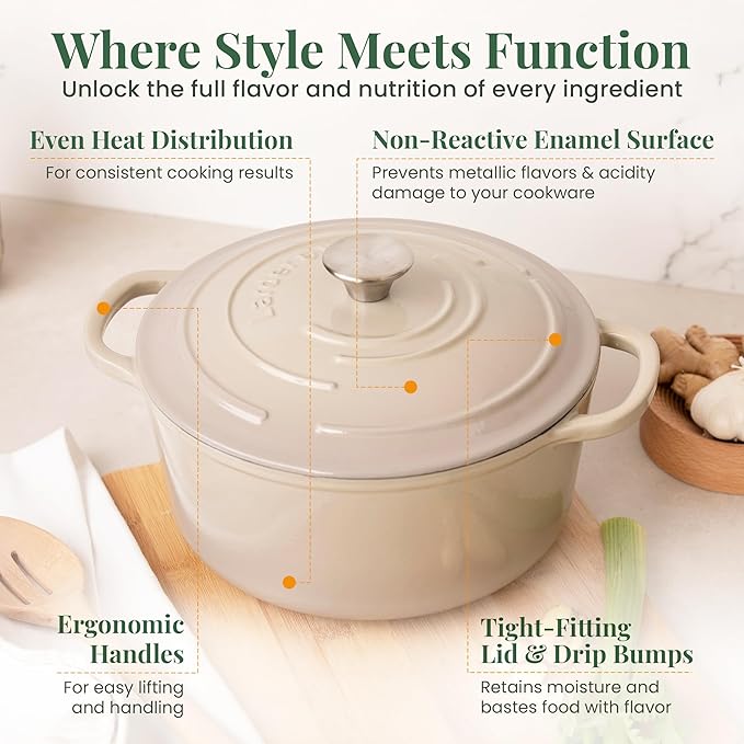 Larder & Vine Enameled Cast Iron 5.7 qt Dutch Oven Pot with Lid | Dutch Oven | Compatible on All Cooktops & Oven Safe to 500째 F | Great for Sourdough Bread | Stone