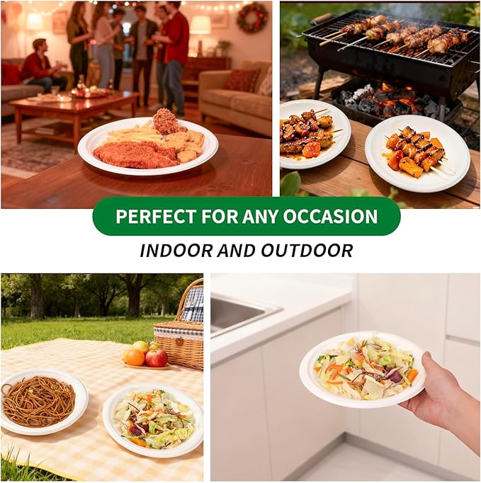 Aricsen 50 Pack 10 Inch Compostable Disposable Round Paper Plates, Natural White Biodegradable Sugarcane Bagasse PFAS-Free Eco-Friendly Dinner Plates for Party Wedding Picnic BBQ (50, 10 INCH)